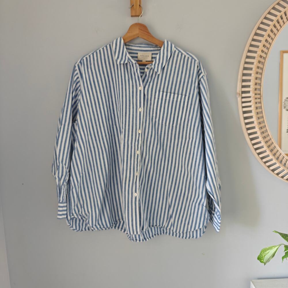 SEZANE Max Shirt Button Down Blue Stripe Cotton Linen Oversized FR 44 US 12